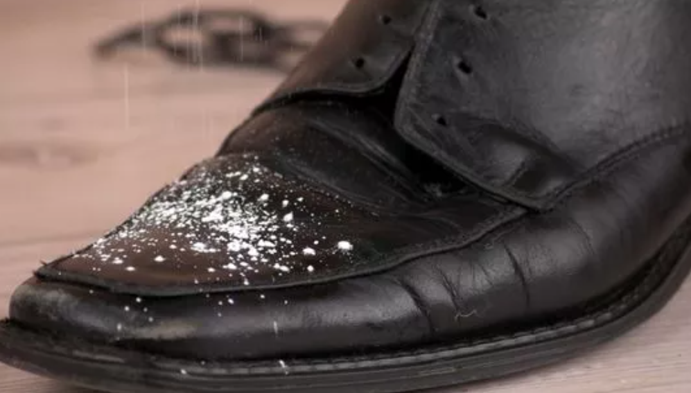 membersihkan sepatu kulit dengan bedak .