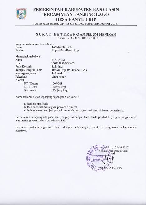 Contoh Format Surat Keterangan Belum Menikah